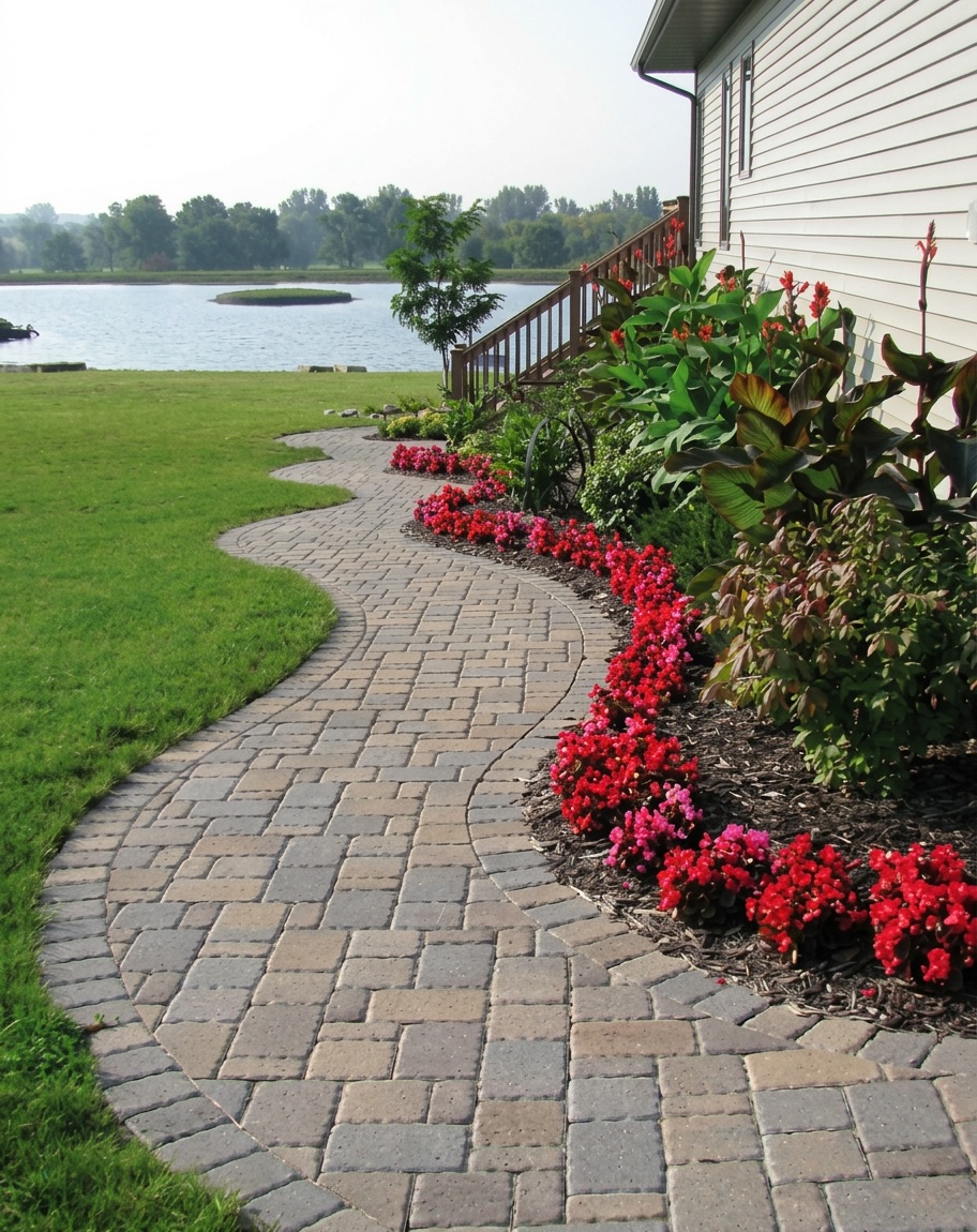Paver walkway with red flower border, waterfront property